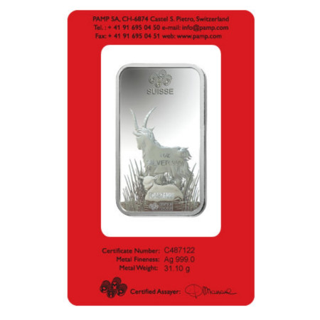 1 oz Silver PAMP Suisse Lunar Goat Bar ( With Assay Card) Image of 1 oz Silver PAMP Suisse Lunar Goat Bar ( With Assay Card)