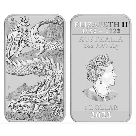 1oz 2023 Perth Mint Dragon Silver Rectangular Coin Image of 1oz 2023 Perth Mint Dragon Silver Rectangular Coin