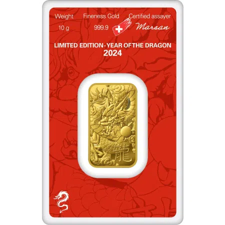 10g Argor-Heraeus Gold '2024 YEAR OF DRAGON' Minted Bar (New w/Assay) 